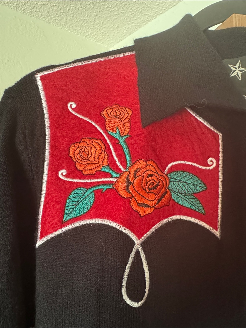Collectif Black Button-Up Shirt with Red Rose Embroidery - Picture 2 of 5